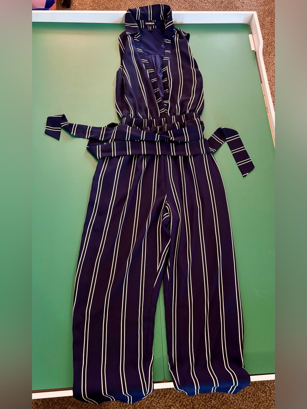 Express Women Size XS Navy and White Striped V-Neck Jumpsuit with Tie Belt